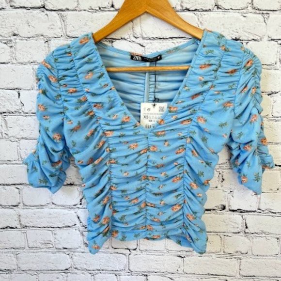 🆕🏷️ ZARA Blue Floral Tulle Print Top Size XS NWT - Picture 2 of 4